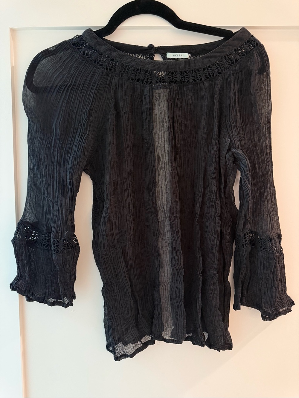 Maeve Black Crochet-Trim Sheer Peasant Top
